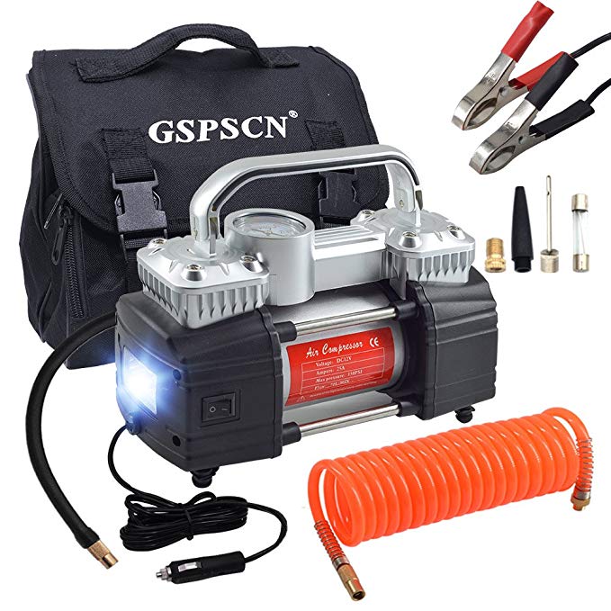 GSPSCN Dual Cylinder Air Compressor Pump,Heavy Duty Portable Tire Inflator 12V 150PSI for Fast Pumping with LED Work Lights