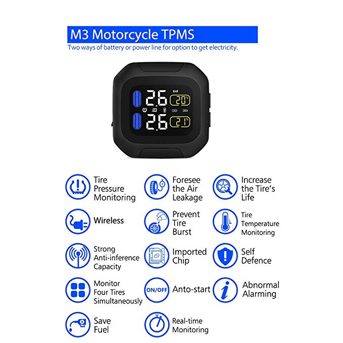 XuBa M3 Motorcycle Tpms Tire Pressure Monitoring System 2 External Sensor Wireless LCD Display Moto Auto Tyre Alarm Systems Black M3-Wf