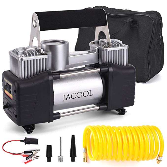 Portable Air Compressor Pump,JACOOL 150PSI Heavy Duty Dual Cylinder Air Pump, Auto 12V Tire Inflator with Digital Gauge and 3M Extension Air Hose for Car, Large SUV, Bicycle and Other Inflatables (01)