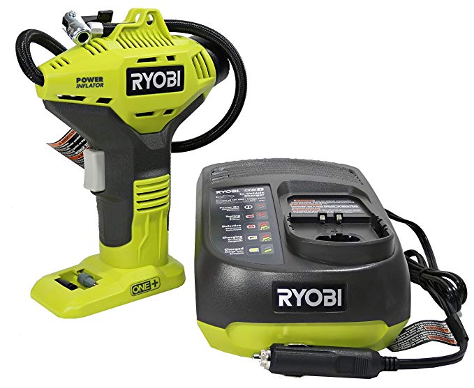 Ryobi P737 One+ 18 Volt Lithium Ion Cordless Power Tire Inflator with P131 18 Volt In-Vehicle Dual Chemistry Battery Charger 2 Piece Bundle (Batteries Not Included, Power Tool and Charger Only)