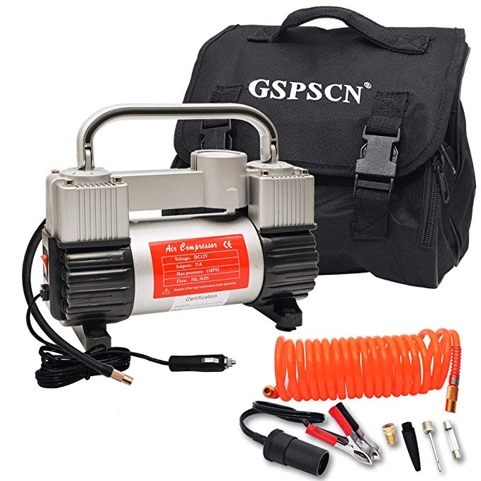 GSPSCN Tire Inflator Heavy Duty Double Cylinders with Portable Bag 12V Metal Air Compressor Pump 150PSI with Adapter to 150 PSI for Car, Bike, SUV Tires, Dinghy, Air Bed etc