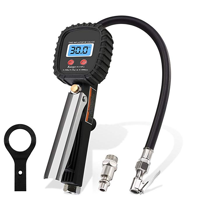 Tire Inflator with Pressure Gauge, GOGOLO 3 In 1 150PSI High Accuracy Tire Compressor Deflator Gauge Heavy Duty for All Vehicles with LCD Reading, Rubber Hose & US 1/4