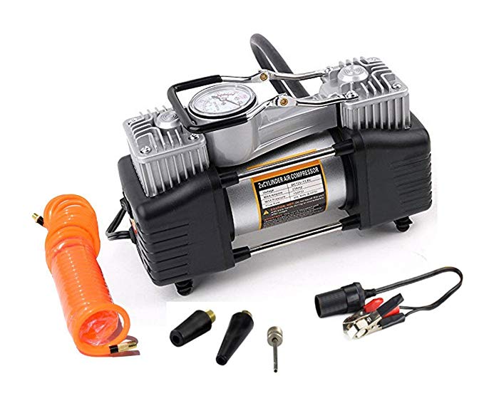 Automaze Double Cylinder Metal 12V DC Electric Car Tire Inflator With PVC Case, Alligator Clamps